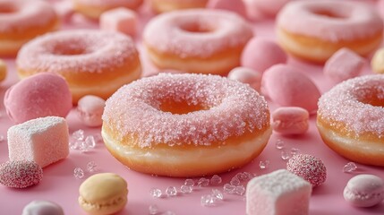 Wall Mural - Sugar-coated donuts with crystals on a soft pink background