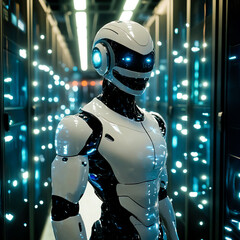 A humanoid robot female standing confidently in front of a futuristic server room, with sleek metallic limbs and glowing blue lights.