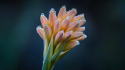 Canvas Print - A close-up shot of a plant's flower head, adorned with water droplets, against a green stem background