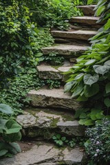 Poster - A beautiful pathway with stone steps leading through a lush green garden