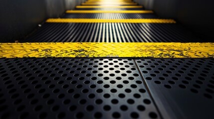 Poster - Industrial or commercial space with a black and yellow striped metal floor, suitable for use in architecture, design, or business settings