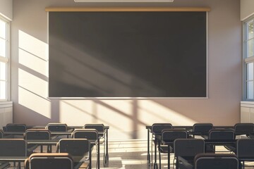 Aufkleber - A traditional school setting with rows of desks and a blackboard