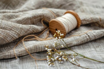 Poster - A spool of thread sits on top of a piece of fabric, ready to be used for sewing or crafting