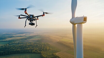 A quadcopter drone approaching a wind farm or turbine. As a theory of renewable energy and the application of technology to increase energy production efficiency	