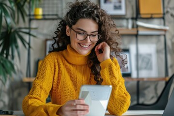 Wall Mural - Woman working on tablet computer at a desk