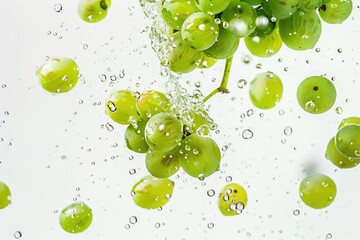 Wall Mural - Fresh green grapes suspended in a glass of water, perfect for wine tasting or as a decorative centerpiece