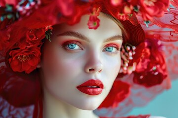 Wall Mural - A woman wearing a distinctive red hat adorned with flowers, perfect for various occasions