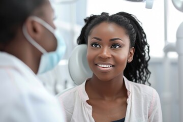 Sticker - A woman smiles as a dentist inspects her teeth