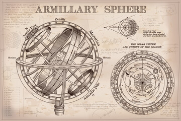 Vintage poster of Armillary sphere. Model of the earth in space. Drawing on old paper.