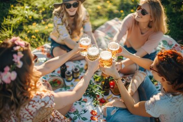 Sticker - Group of women sitting together on a lush green field, perfect for outdoor events or social gatherings