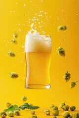 Sticker - A glass of beer with hops floating on the surface, great for food and beverage photography or as a background image