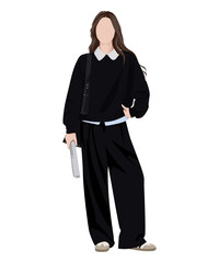 Vector illustration of a woman in a black oversize sweater, wide pants and snow-white boots.