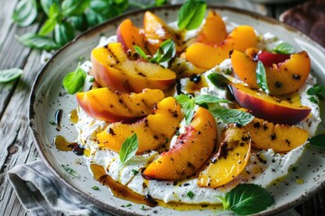 Canvas Print - A simple dessert plate featuring fresh sliced peaches and melted cheese