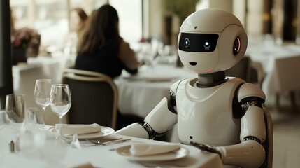 A humanoid robot sitting at a table in a restaurant