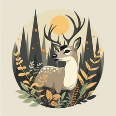 Poster - A deer with impressive antlers standing in a dense forest environment