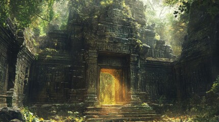 Canvas Print - Ancient Stone Temple Entrance in Lush Jungle