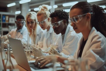 Poster - Group of researchers gathered around a laptop in a laboratory setting