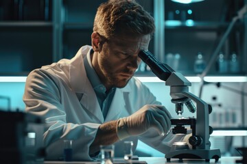 Poster - Man in a lab coat using a microscope to examine a sample, suitable for scientific or educational contexts