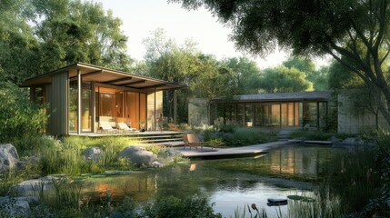 Canvas Print - Modern Cabins Surrounded by Greenery and a Pond