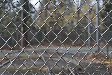 Poster - Fencing surrounds a tennis court with net and courtside chairs