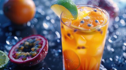 Aufkleber - Freshly squeezed orange juice served with a wedge of lime as a garnish, perfect for a refreshing beverage
