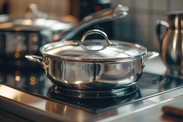 Poster - Pots and pans on a stove top, ready for cooking