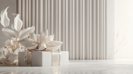 Poster - A White Gift Box with Gold Accents and White Flowers on a White Surface