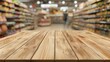 © Fotograf - A wooden table filled with various groceries and products in a typical store aisle
