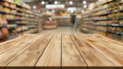 Poster - A wooden table filled with various groceries and products in a typical store aisle