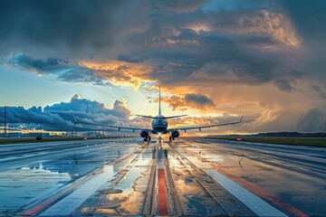 Poster - A plane sitting on a wet runway under a cloudy sky