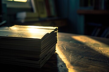 Poster - A collection of books placed on a wooden table, great for office or study settings