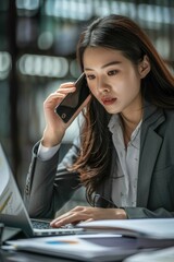 Aufkleber - A professional woman holds her cell phone and talks while walking down the street