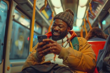 Poster - A person sitting on a public transportation bus, focused on their mobile device