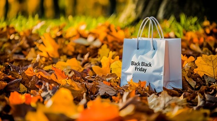 Sticker - A white Black Friday shopping bag sitting on a pile of autumn leaves.