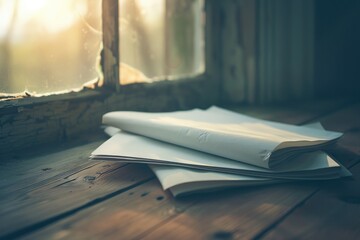 Poster - A stack of papers resting on a wooden table, ideal for office or study settings
