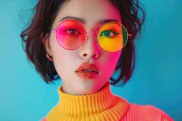Poster - A person wearing a turtle neck sweater and colorful glasses, suitable for use in lifestyle or fashion images