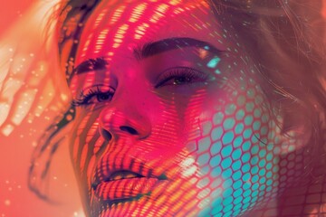 Aufkleber - A close-up shot of a woman's face with bright lights shining on her features