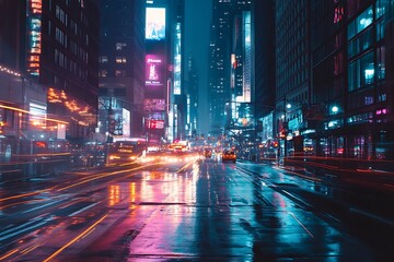 Poster - Rainy Night in Neon City Street, Wet Asphalt, Long Exposure, Cityscape, Urban, Night Photography