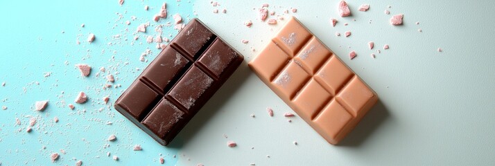 Close-up of a broken chocolate bar with visible texture on a colorful pastel surface, featuring white and turquoise shades