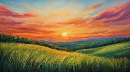 Poster - A Painting of a Sunset Over a Field of Grass