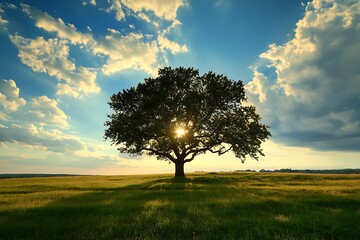 Poster - Silhouetted Tree with Sun Shining Through Branches in Field