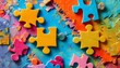 © 慧 马 - Vibrant textured jigsaw puzzle pieces interlocked on a rough surface symbolizing creativity and ingenuity in problem-solving