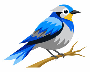 Wall Mural - A bird with blue and gray feathers is shown on tree branches on a white background