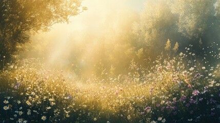 Poster - Sunlit Wildflowers in a Misty Forest Clearing