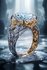 Ornate diamond ring with intricate gold and silver design in blue light