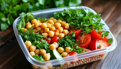 Colorful meal prep containers filled with chickpeas, fresh vegetables, and herbs for a nutritious and balanced diet