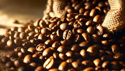 Sunlit coffee beans spilling from a burlap sack, emanating freshness and quality