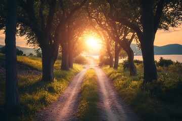 Canvas Print - Sunset over dirt road through trees with lake and mountains in background, Nature photography