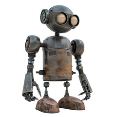 Poster - Rusty old robot with large round eyes standing on white background