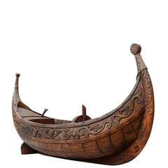 Beautiful wooden viking boat with intricate carvings, resting on a white background